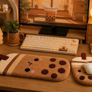 Boba Tea Tufted Desk Set, Plush Keyboard and Mouse Wrist Rest Duo, Kawaii Workspace Accessories