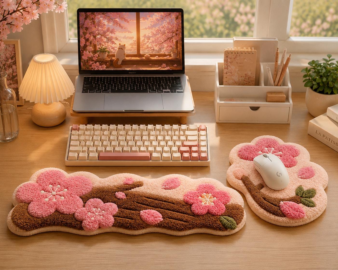 Cherry Blossom Wood Seam Tufted Desk Mat Set, Floral Keyboard and Mouse Wrist Rest Duo for Ergonomic Workspace Comfort