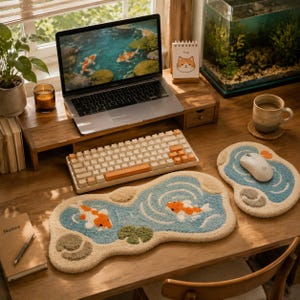 May include: A tufted desk mat and matching mouse pad featuring a pond design with orange and white koi fish, blue water ripples, and green lily pads. The textile accessories are placed on a wooden desk alongside a laptop, keyboard, and mouse.
