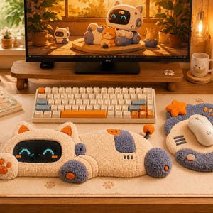 Puede incluir: Un reposamuñecas de teclado de felpa beige y azul con forma de gato y pantalla digital, junto a una alfombrilla de ratón con forma de nube y un ratón blanco, sobre un escritorio con un tapete grande decorado con huellas de patas.