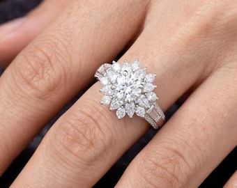 Round Lab Grown Diamond Floral Engagement Ring, Pear Diamond Cluster Halo Ring, Tapered Baguette Bridal Ring, 14K Solid Gold Proposal Ring