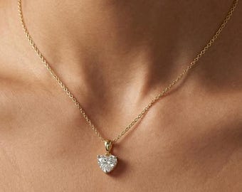 Collar con colgante solitario de diamante cultivado en laboratorio con talla de corazón de 0,5 a 2 quilates, oro macizo de 14k.
