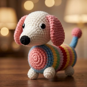 Könnte beinhalten: Gehäkeltes Hundespielzeug mit weißem Kopf, rosa Ohren und schwarzer Nase. Der Körper hat farbenfrohe Regenbogenstreifen. Das Spielzeug steht auf einer Holzoberfläche.