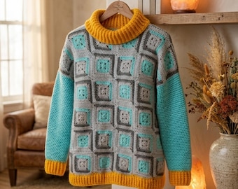 Crochet Granny Square Sweater Pattern | Color Block Pullover PDF | Modern Crochet Top | Intermediate Pattern