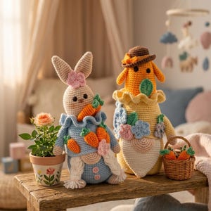 May include: Two handmade crochet Easter bunny dolls. One bunny is beige with a pink flower and blue outfit, holding carrots. The other is orange with a brown hat and yellow outfit. A small basket of carrots sits nearby.