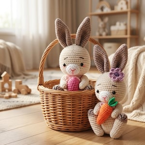 May include: Two crocheted bunny rabbits. One sits in a woven basket, holding a pink egg. The other bunny holds a carrot and wears a purple flower. Both bunnies have beige bodies, brown ears, and pink noses.