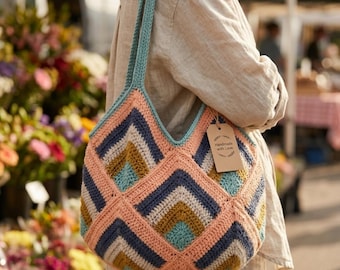 Patrón fácil de bolso de ganchillo en PDF, bolso de verano estilo boho con estampado de chevrón (hazlo tú mismo)