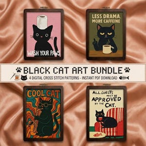 Op de afbeelding: Een bundel van vier ingelijste kruissteekpatronen met zwarte katten. Elk frame heeft een donkere houten afwerking. De patronen bevatten zinnen als "Wash Your Paws" en "Less Drama, More Caffeine". De banner luidt "Black Cat Art Bundle".