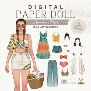 May include: Digital paper doll summer pack with mix and match outfits. The illustration features a woman in a sunflower-print top and skirt, holding a straw bag. Additional outfits include a dress, shorts, pants, tops, and accessories.