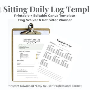 May include: A printable pet sitting daily log template on a clipboard. The template includes sections for daily care checklists, walk details, and a weekly overview. Text includes "Pet Sitting Daily Log Template" and "Dog Walker & Pet Sitter Planner."