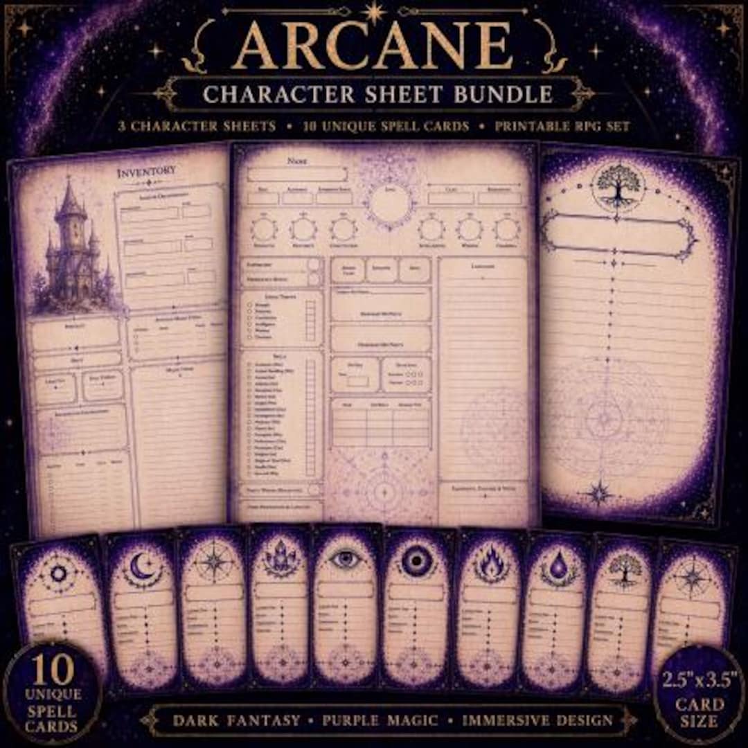 Arcane Character Sheets & Spell Cards | Purple Magic RPG Bundle ...