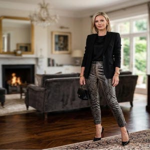 Puede incluir: Una persona con una blazer negra, un top negro y pantalones con estampado de serpiente. También lleva tacones negros y sostiene un pequeño bolso negro. El fondo muestra un salón con chimenea, sofá y alfombra.
