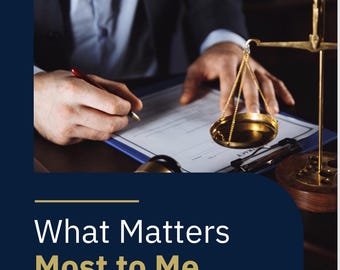 May include: Image of a legal document with a person's hands holding a pen, poised to sign. A golden scale of justice is in the background. The text reads "What Matters Most to Me" and "An Advance Care Planning".
