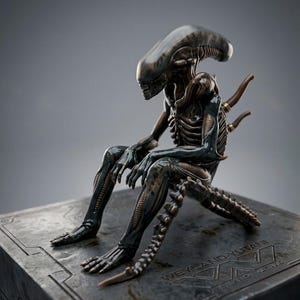 Könnte beinhalten: Eine detaillierte Skulptur eines Alien Xenomorph, sitzend auf einer strukturierten Metalloberfläche. Die Figur ist dunkel mit einem glänzenden Kopf und komplizierten Skelettdetails. Die Basis trägt den Text "WEYLAND-YUTANI".