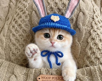 Gehaakte kattenmuts met konijnenoren, grappige blauwe gebreide muts voor katten en kleine honden, verstelbaar kittencadeau