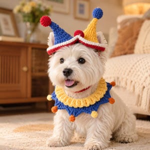 May include: A white West Highland White Terrier wearing a crocheted jester hat and a matching ruffled collar. The hat features blue and yellow pointed sections with red and blue pom-poms. The collar is blue and yellow with small orange pom-poms.