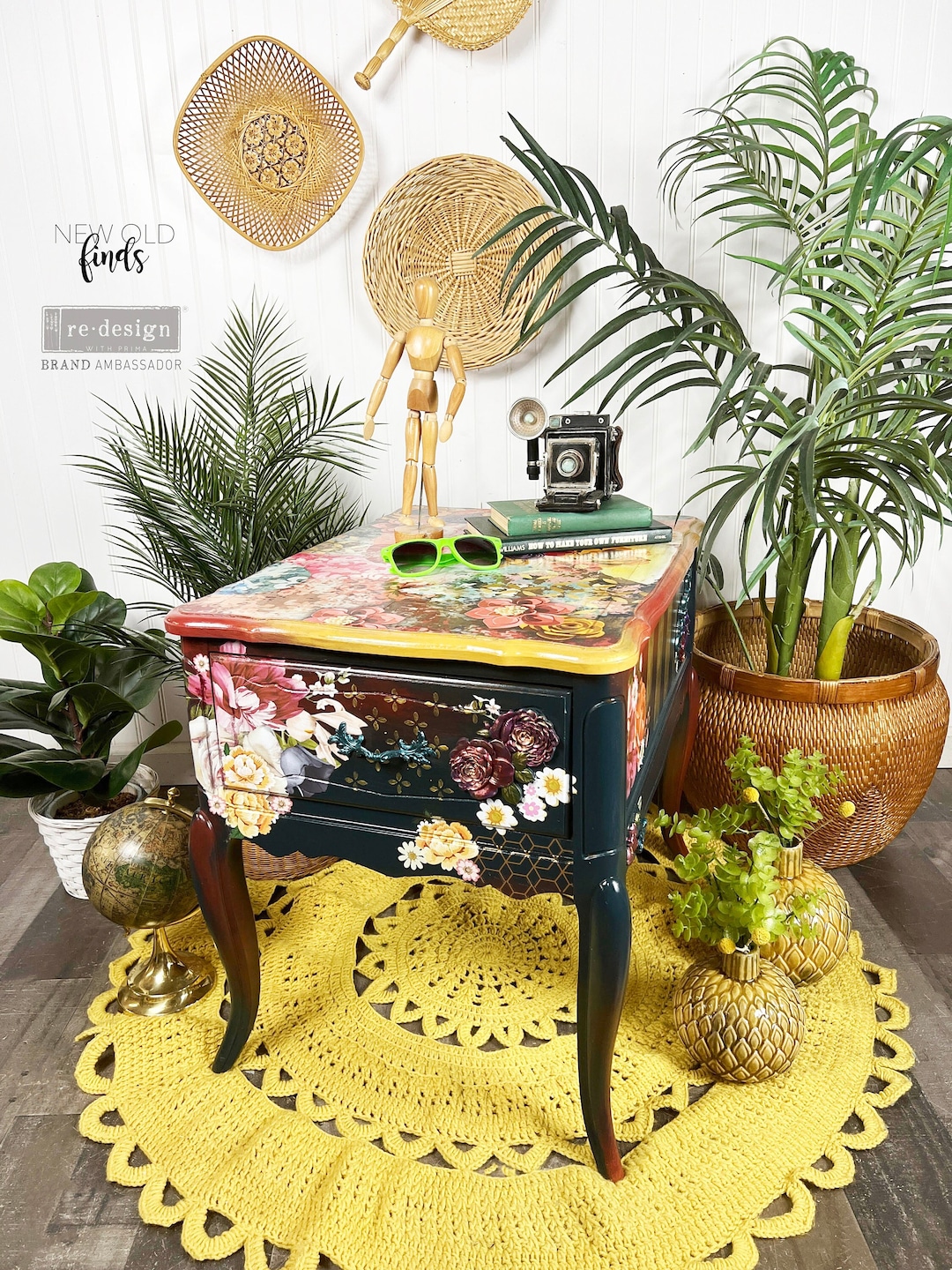 Vintage Boho Side Table. Nightstand. Colorful. French Provincial