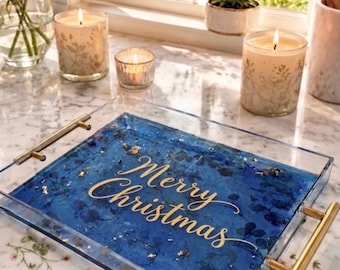 Handmade Blue Resin acrylic Tray with Gold Flakes and Handles | Welcome Home Decor