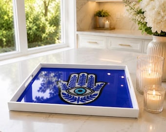 Hamsa Evil Eye Resin Serving Tray | Glossy Blue Acrylic Coffee Table Decor