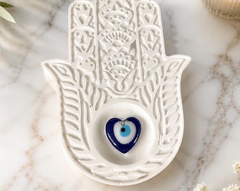 Handmade White Hamsa Trinket Dish with Evil Eye | Jewelry Tray | Judaica Home Decor | Housewarming Gift | Ring Holder gift