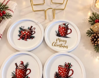 Christmas Coaster Set of 4 with Gold Holder, Handmade Eco Resin Holiday Coasters, Hot Cocoa Christmas Decor, Hostess Gift