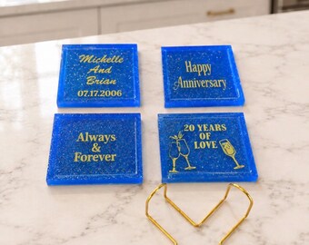 Personalized Resin Coaster Set with Gold  Coaster Holder- set of 4