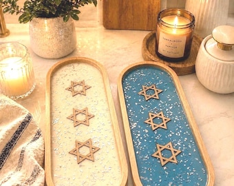 Teal Resin Star of David Tray | Wood Frame Judaica Serving Dish, Jewish Home Decor