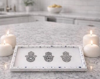 Handmade Rectangular white Eco Resin Tray with hamsa accent