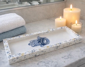 Handmade Rectangular white Eco Resin Tray with center motif hamsa