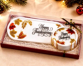 Handmade Thanksgiving Gift Set, Fall Serving Tray & 4 Coasters with Gold Holder, Hostess Gift, Autumn Home Décor