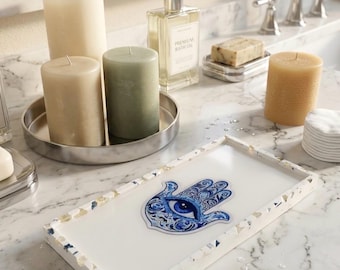 Handmade Rectangular white Eco Resin Tray with hamsa accent