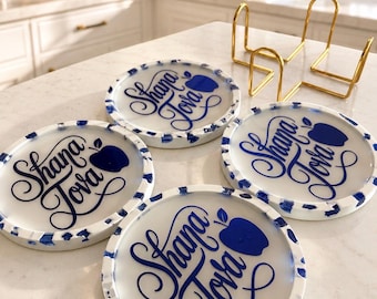 Handmade Shana Tova Resin Coaster | White & Gold Judaica or white and blue  Rosh Hashanah Gift | Jewish Holiday Table Decor | set of 4