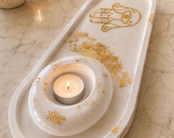 Handmade Hamsa Candle Holder Tray – White & Gold Resin Tealight Tray, Evil Eye Home Decor, Jewish Housewarming Gift
