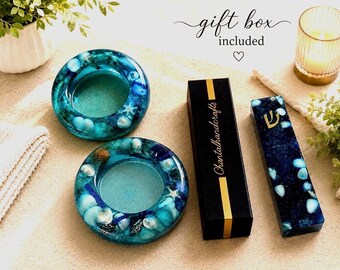 Ocean Resin Teal Mezuzah Case with Gold Shin | Handmade Beach Mezuzah | Coastal Judaica Gift | Jewish Housewarming Gift | Gift box included