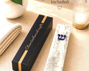 Handcrafted White Resin Mezuzah Case with Silver Leaf Accents | Modern Judaica Home Blessing