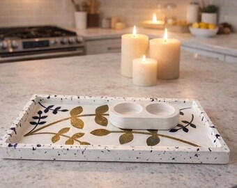 Handmade Eco Resin Tray with Gold Leaf, Navy Accents and  Candleholder included