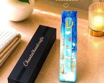 Ocean Waves Resin Mezuzah | Beach Coastal Judaica, Seashell Embellished Home Blessing