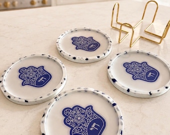 Handmade Hamsa  Resin Coasters | White & blue Judaica decor  | Jewish Holiday Table Decor | set of 4