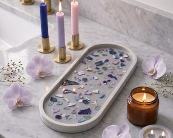 Handmade gray oval eco resin  tray with mosaic blue, gray and aqua design  13x5.7x0.7 inch.