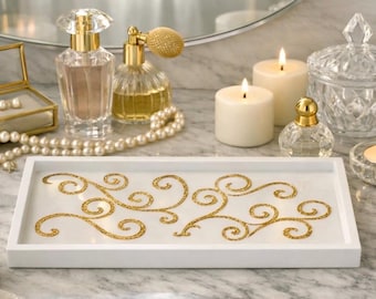 White Gold Swirl Resin Tray | Luxury Jewelry Organizer, Vanity Decor