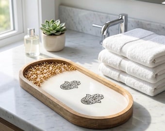 Oval Wooden Resin Tray with Hamsa Hands | Decorative Catchall Dish