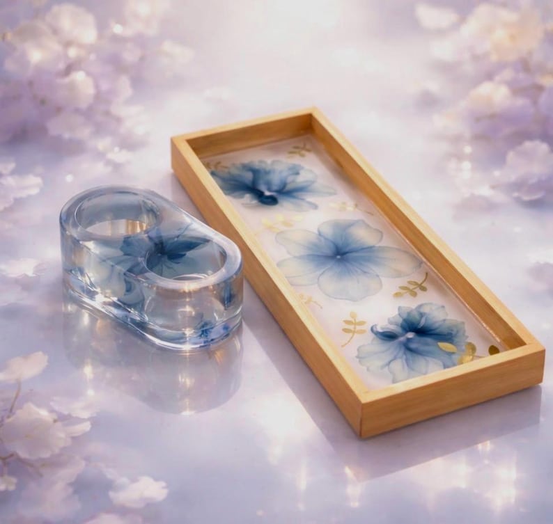 Handmade Decorative Bamboo rectangular Vanity Tray Set, Floral Resin Decor. blue flowers