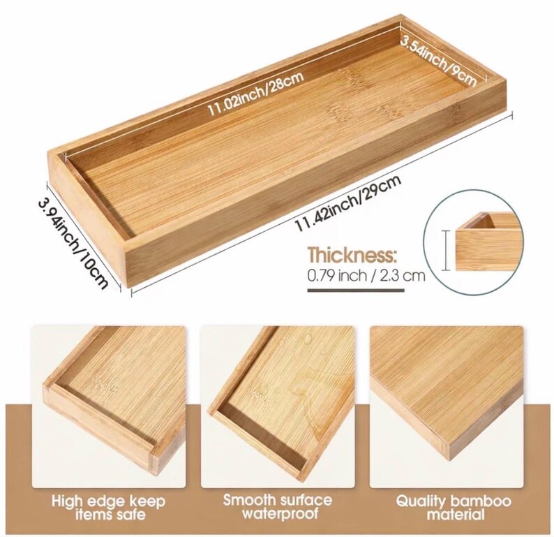 May include: A rectangular bamboo tray with a natural wood grain finish. The tray measures 11.42 inches by 3.94 inches with a thickness of 0.79 inches. The interior dimensions are 11.02 inches by 3.54 inches. It features high edges and a smooth surface.