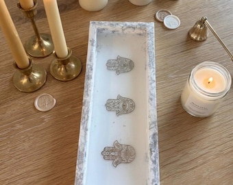 Handmade Rectangular white Eco Resin Tray with  silver leaf flakes