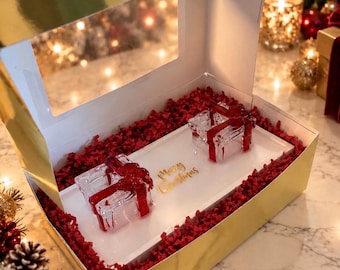 Christmas Candle Holder Tray with Red Bow Accents – Handmade White and Gold Holiday Décor (candles not included)