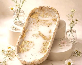 White Gold Leaf Resin Tray | Oval Vanity Jewelry Holder, Coffee Table Decor