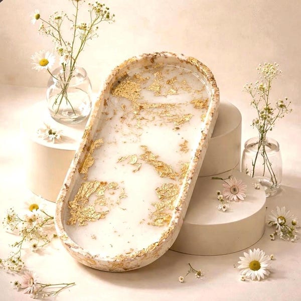 White & Gold Leaf Decorative Tray | Handmade Resin Vanity Tray | Jewelry Tray | Coffee Table Decor Housewarming Gift (available in silver)