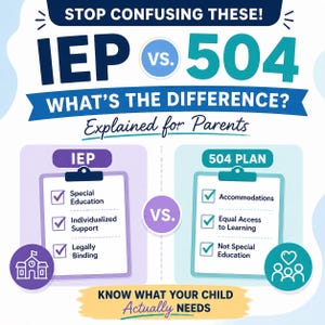 May include: An infographic comparing IEP vs. 504 plans, with the text "STOP CONFUSING THESE!" at the top. The graphic explains the differences between the plans, with lists of key features for each, including "Special Education" and "Accommodations."