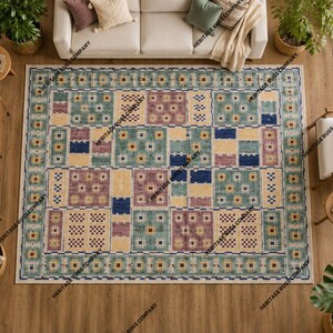 Alfombra Kilim multicolor hecha a mano / Retazos geométricos vintage de lana tejida plana / Alfombra bohemia color malva salvia para sala de estar y dormitorio
