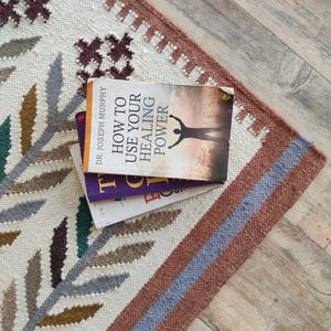 Handmade Terracotta Kilim Rug, Botanical Leaf Border, Wool Flatweave Boho Area Rug